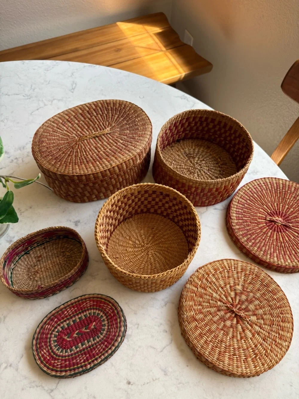 Set of 4 Vintage Boho Chic Sweetgrass Round Storage Baskets